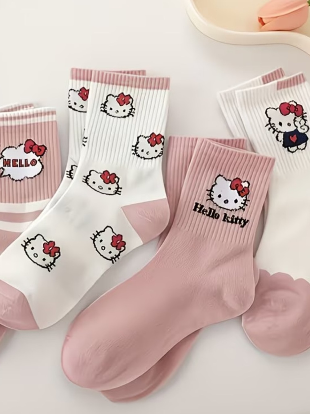 4 Pair Hello Kitty Kawaii Pink & White Crew Socks -